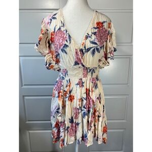 Anthropologie Nostalgia Floral Dress Mini Ruffle Short Sleeve V Neck Smocked Med